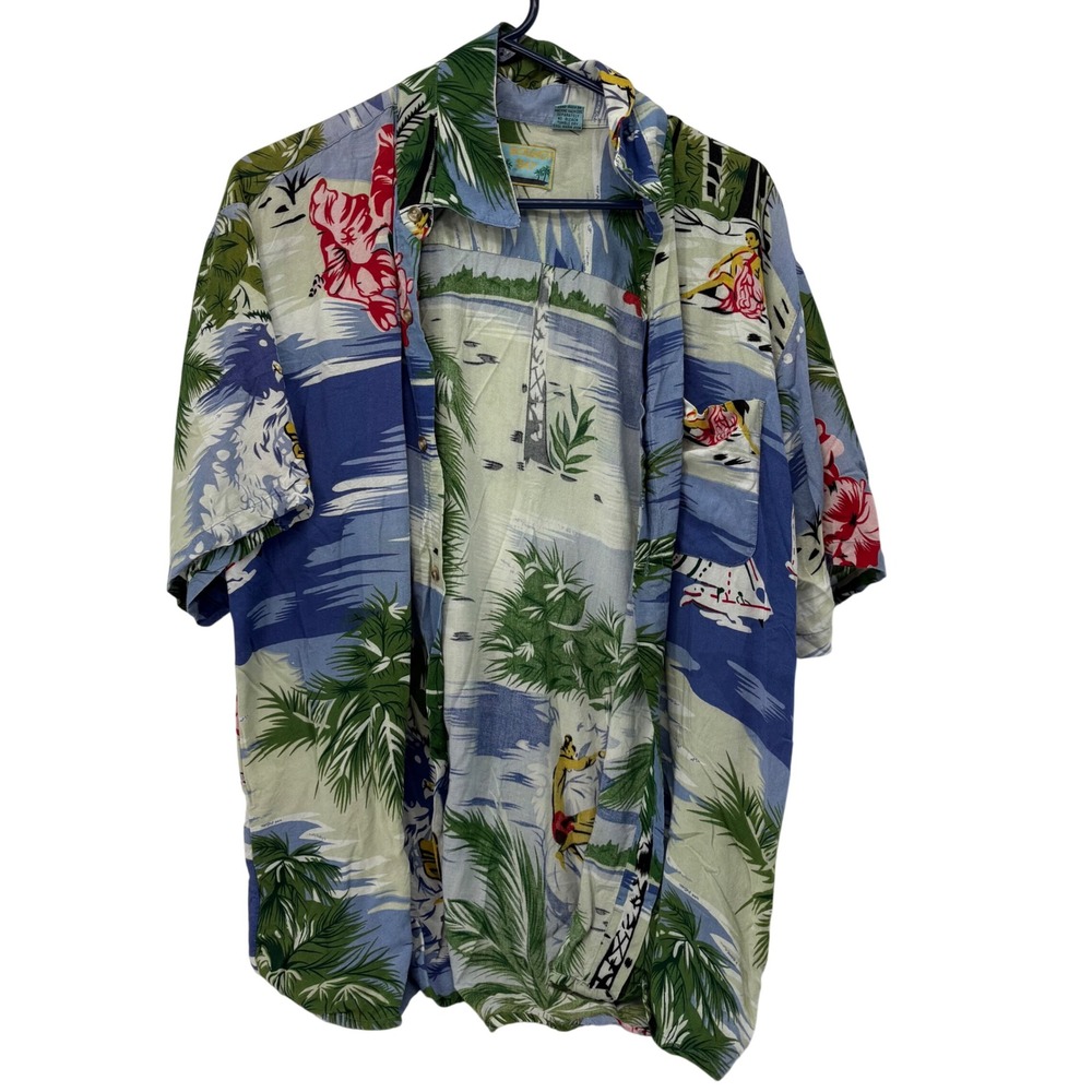 Roundy Bay Mens Large Blue Tropical Palm Hula Rayon Hawaiian Button Down Shirt